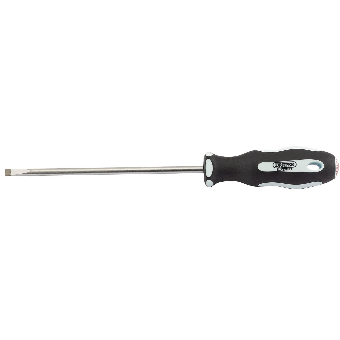 A Draper Plain Slot Soft Grip Parallel Tip Screwdriver, 5.5 X 150mm - 995P featuring a black and white, oil and solvent resistant handle and a metal shaft, with the brand name "Draper" visible on the handle.