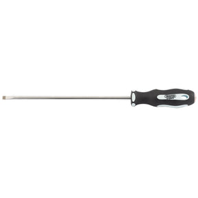 The Draper Plain Slot Soft Grip Parallel Tip Screwdriver, 5.5 x 200mm - 995P, features a black and gray handle resistant to oil and solvents, combined with a long SVCM metal shaft.