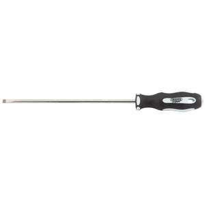 The Draper Plain Slot Soft Grip Parallel Tip Screwdriver, 5.5 x 200mm - 995P, features a black and gray handle resistant to oil and solvents, combined with a long SVCM metal shaft.