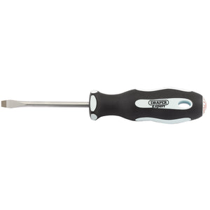 A product, the Draper Plain Slot Soft Grip Screwdriver (5.5 X 75mm - 995), boasts a black and white ergonomic handle resistant to oil and solvent, labeled "Draper Expert," and features SVCM blades.