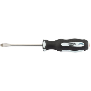 A flathead Draper Plain Slot Soft Grip Screwdriver, 6.5 x 100mm - 995, with a black and white handle labeled "Draper Expert" and featuring oil and solvent resistant SVCM blades.