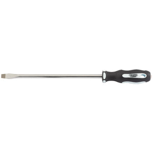 The Draper Plain Slot Soft Grip Screwdriver, 10 X 250mm - 995 from Draper features a black and silver oil and solvent resistant handle along with a long, hardened metal shaft.