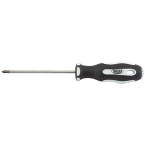 A Draper Cross Slot Soft Grip Screwdriver, No.0 X 75mm - 995CS, featuring a durable metal shaft and an oil and solvent resistant handle with a black and white soft grip. The brand name "Draper" is prominently displayed on the handle.