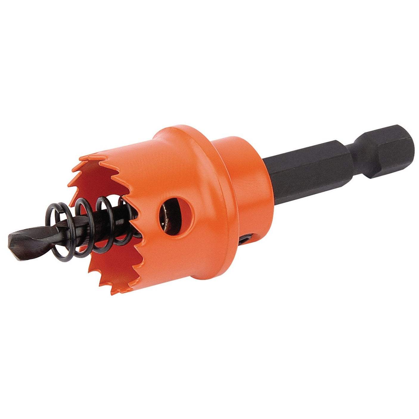 The Draper Bi-Metal Hole Saw With Integrated Arbor, 19mm - HHSP, is an orange drill bit made from high-quality steel. It features a black pilot bit and spring, making it ideal for cutting circular holes in various materials.