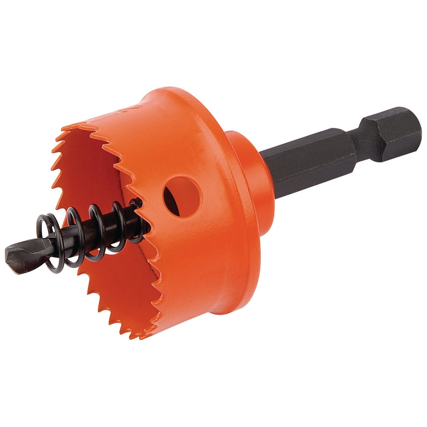 The Draper Bi-Metal Hole Saw With Integrated Arbor, 29mm - HHSP is shown, featuring an orange design with a serrated cutting edge, rugged bi-metal construction, central drill bit, and hexagonal shank attachment.