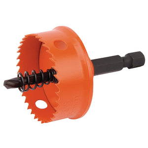 A 35mm Draper Bi-Metal Hole Saw With Integrated Arbor, featuring a black steel drill bit and spring attached.