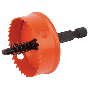 A high-quality steel Draper Bi-Metal Hole Saw With Integrated Arbor, 38mm - HHSP featuring jagged teeth and a black drill bit in the center.