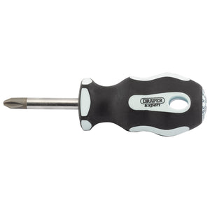 A short-handled screwdriver labeled "Draper," featuring a black and white ergonomic soft grip, a Phillips head, and SVCM blades is the Draper Cross Slot Soft Grip Screwdriver, No.2 X 38mm - 995CS.