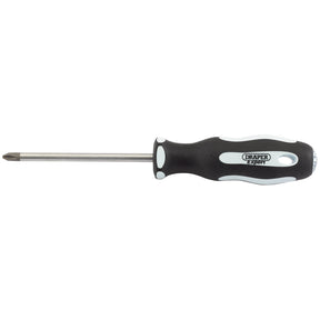 A Draper Cross Slot Soft Grip Screwdriver, No.2 X 100mm - 995CS features a black and white ergonomic handle labeled "Draper." The satin chrome plated metal shaft extends from the handle, ending in a cross-shaped tip.