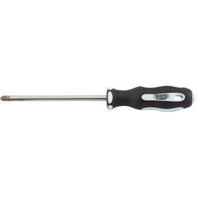 The Draper Cross Slot Soft Grip Screwdriver, No.3 X 150mm - 995CS features an oil and solvent resistant black and white handle with "Draper" printed on it, complemented by a satin chrome plated metallic shaft and a crosshead tip.