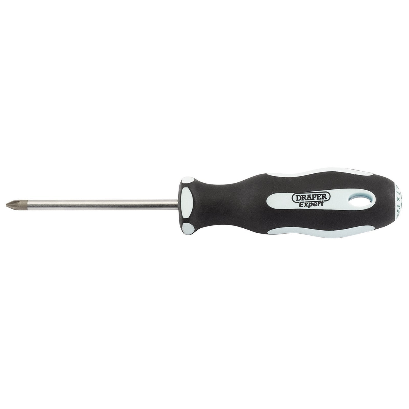 A Draper Pz Type Soft Grip Screwdriver, No.1 x 75mm - 995PZ, featuring a black and white ergonomic, oil and solvent-resistant handle labeled "Draper," ideal for use with Pozidriv fixing systems.