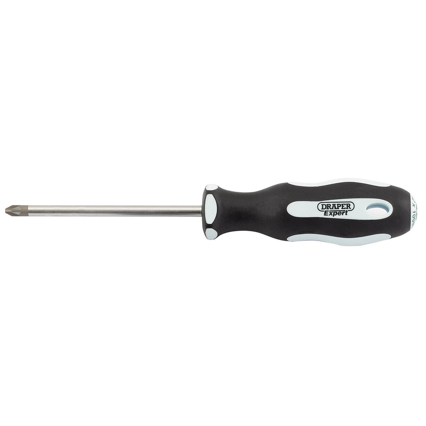 A Draper Pz Type Soft Grip Screwdriver, No.2 X 100mm - 995PZ, featuring an oil and solvent-resistant black handle with precision Phillips-head design and the brand name "Draper" inscribed on it. Expert Quality guaranteed.