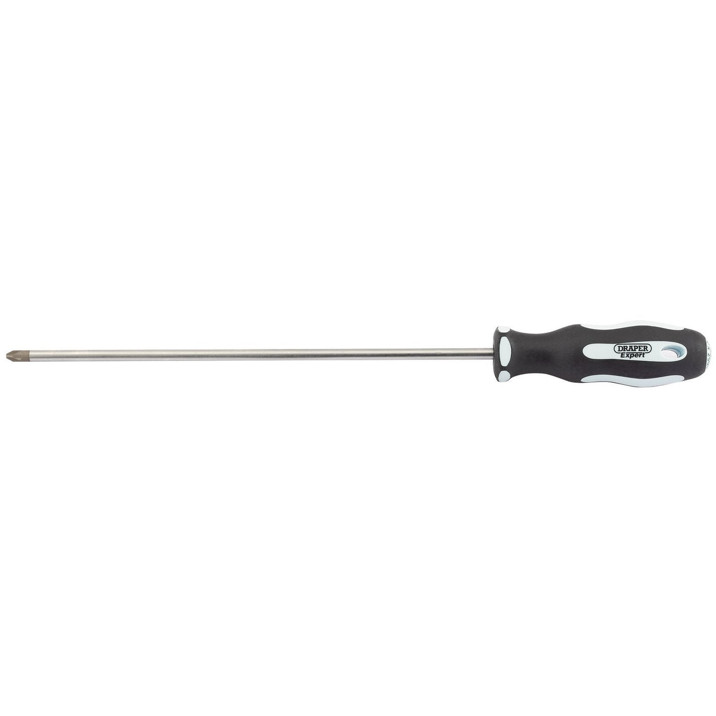 The Draper Pz Type Soft Grip Screwdriver, No.2 X 250mm - 995PZ features a long length, Phillips head design, a black and white ergonomic handle, a metallic shaft, and satin chrome plated SVCM blades.