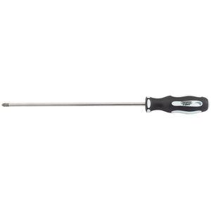 The Draper Pz Type Soft Grip Screwdriver, No.2 X 250mm - 995PZ features a long length, Phillips head design, a black and white ergonomic handle, a metallic shaft, and satin chrome plated SVCM blades.