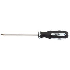 A black-handled screwdriver with a metal shaft and a Torx head, labeled "Draper," featuring an oil and solvent resistant handle, called the Draper Pz Type Soft Grip Screwdriver, No.3 X 150mm - 995PZ.