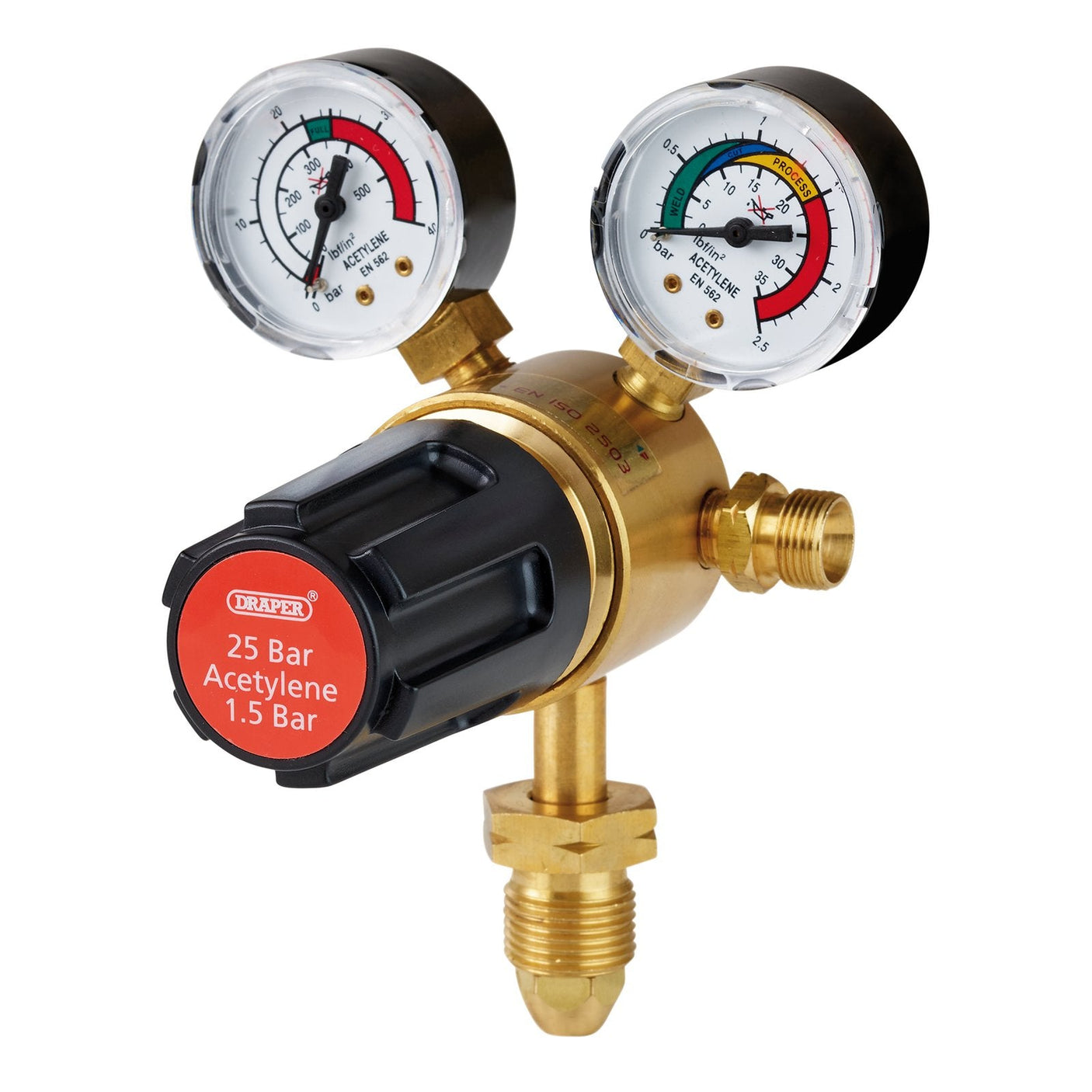 The Draper Acetylene Regulator, 25 Bar - W701 is a single-stage dual-gauge regulator with BSP connections. One gauge indicates 0-25 bar, while the other shows 0-1.5 bar, and it features a durable brass body.