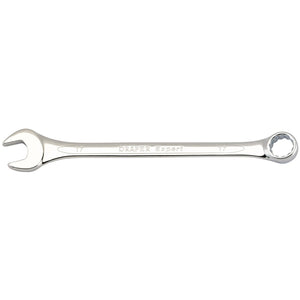 A Draper Combination Spanner, 17mm - 8220MM, featuring an open-end on one side and a ring-end on the other, crafted from corrosion-protected chrome vanadium steel and labeled "Draper Expert" in the center.