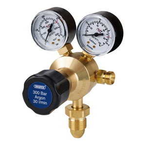 The Draper Argon Regulator, 300 Bar - W703 is a single stage brass gas pressure regulator with dual analog gauges for output pressure and flow rate, featuring BSP connections and a black adjustment knob labeled '300 Bar Argon 30 l/min.'