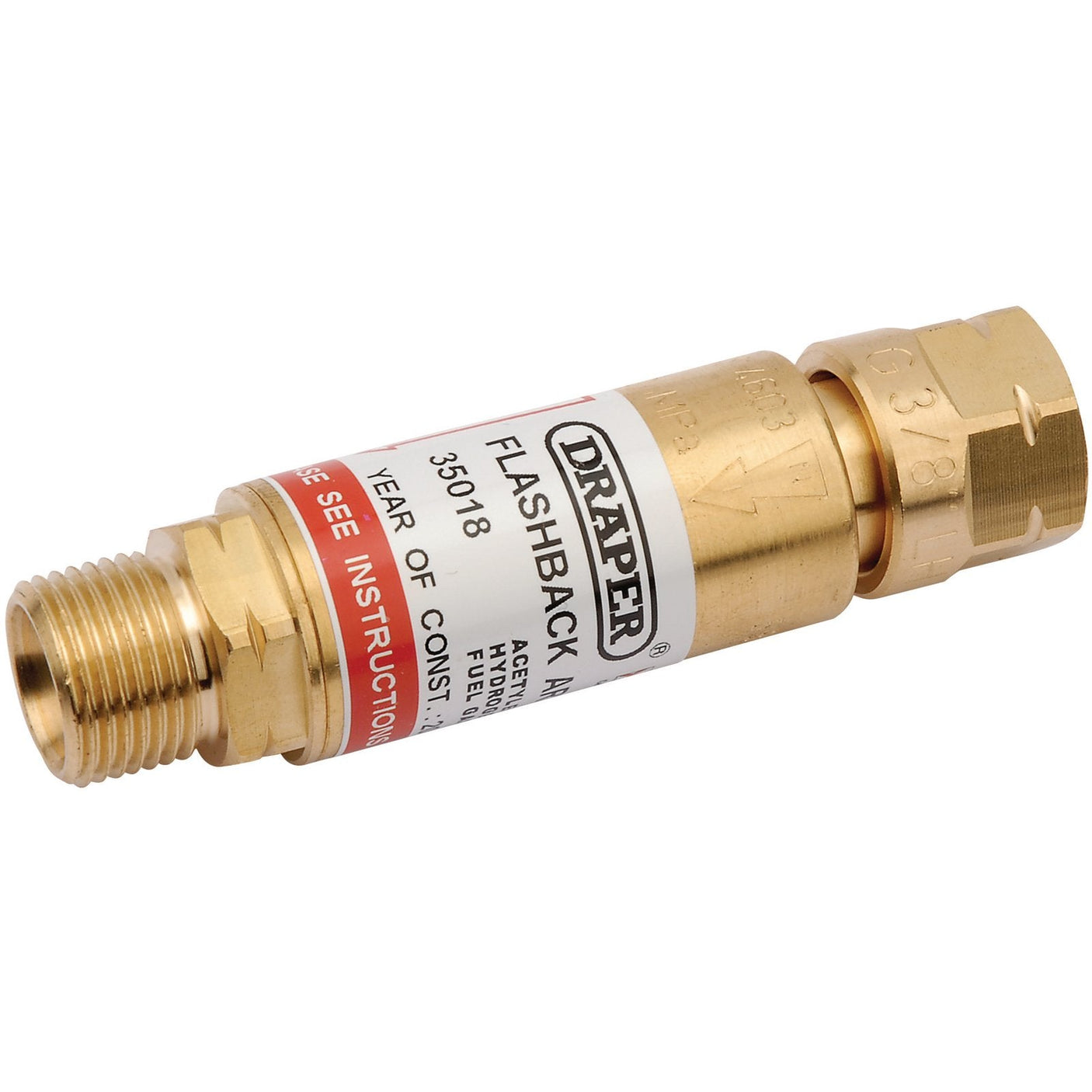 The Draper In-Line Fuel Flashback Arrestor - W704, branded as "Draper," is a brass device designed to prevent reverse gas flow during welding or cutting. It features BSP connectors and a large sintered element for enhanced safety.