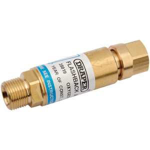 The Draper In-Line Oxygen Flashback Arrestor - W705 is a brass cylindrical component with 3/8" BSP connectors and threaded ends, featuring a sintered element, used for oxygen gas control in welding applications.