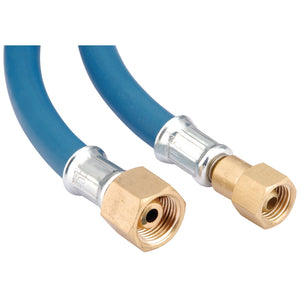 Two Draper Oxygen Hoses, 10m x 10mm, featuring blue flexible tubing with brass hexagonal swivel nut connectors at each end. Ideal for HVAC or hydraulic applications. Display packed and compliant with BS ISO3821 standards.