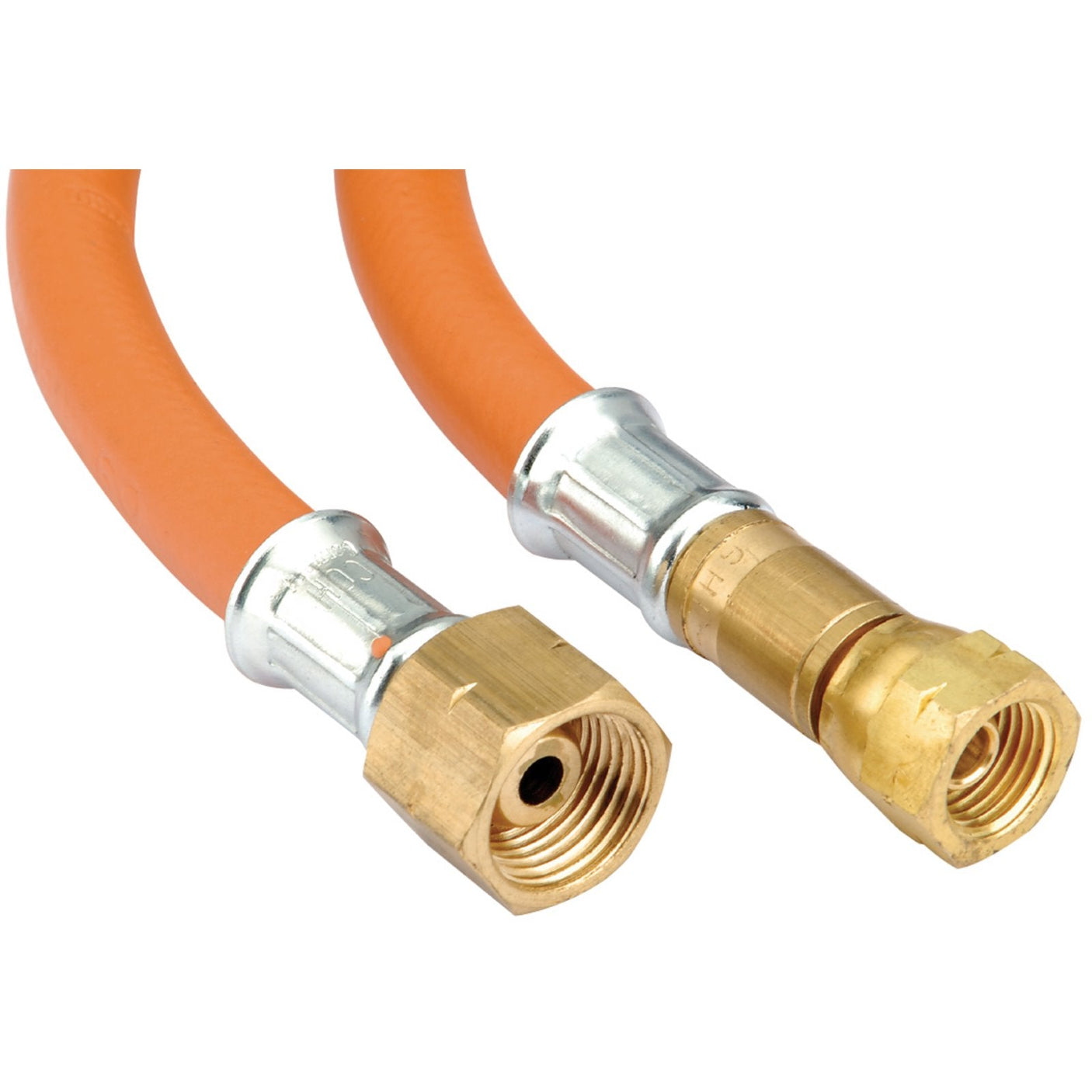 Close-up of two brass fittings attached to the Draper Propane Hose, 10M X 10mm - W709, showcasing threaded swivel nut connectors at each end, compliant with BS ISO3821 standards.