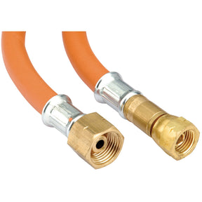 Close-up of two brass fittings attached to the Draper Propane Hose, 10M X 10mm - W709, showcasing threaded swivel nut connectors at each end, compliant with BS ISO3821 standards.