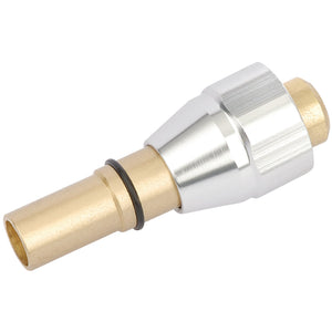 The Draper Heavy Duty Gas Mixer (For Use With Stock No. 35031) - W711, a brass and silver aluminum coupling with an O-ring, is designed for connecting two sections of a pneumatic or hydraulic system, ensuring durability and efficiency.