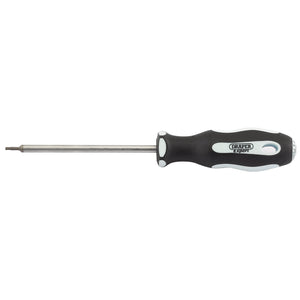 A Draper Tx-Star® Soft Grip Screwdriver, T6 X 75mm - 995TX features a metal shaft with a satin chrome-plated finish for durability, and a precision tip. The black and white-handled screwdriver has an oil and solvent-resistant handle labeled "Draper Expert.