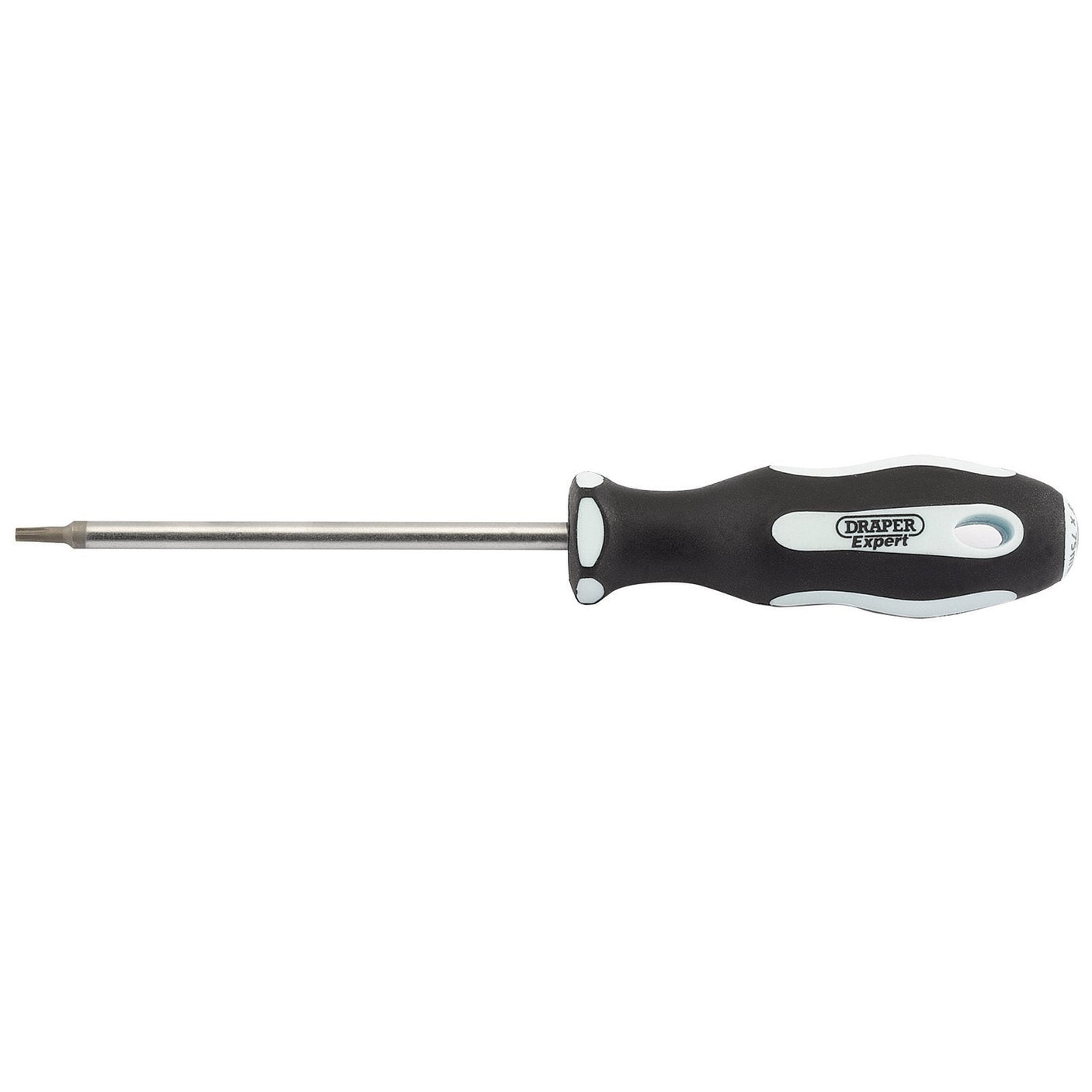 A black and white Draper Tx-Star® Soft Grip Screwdriver, T8 X 75mm - 995TX, with a metal shaft and an oil and solvent resistant handle. This tool features SVCM+ blades and embodies expert quality craftsmanship.