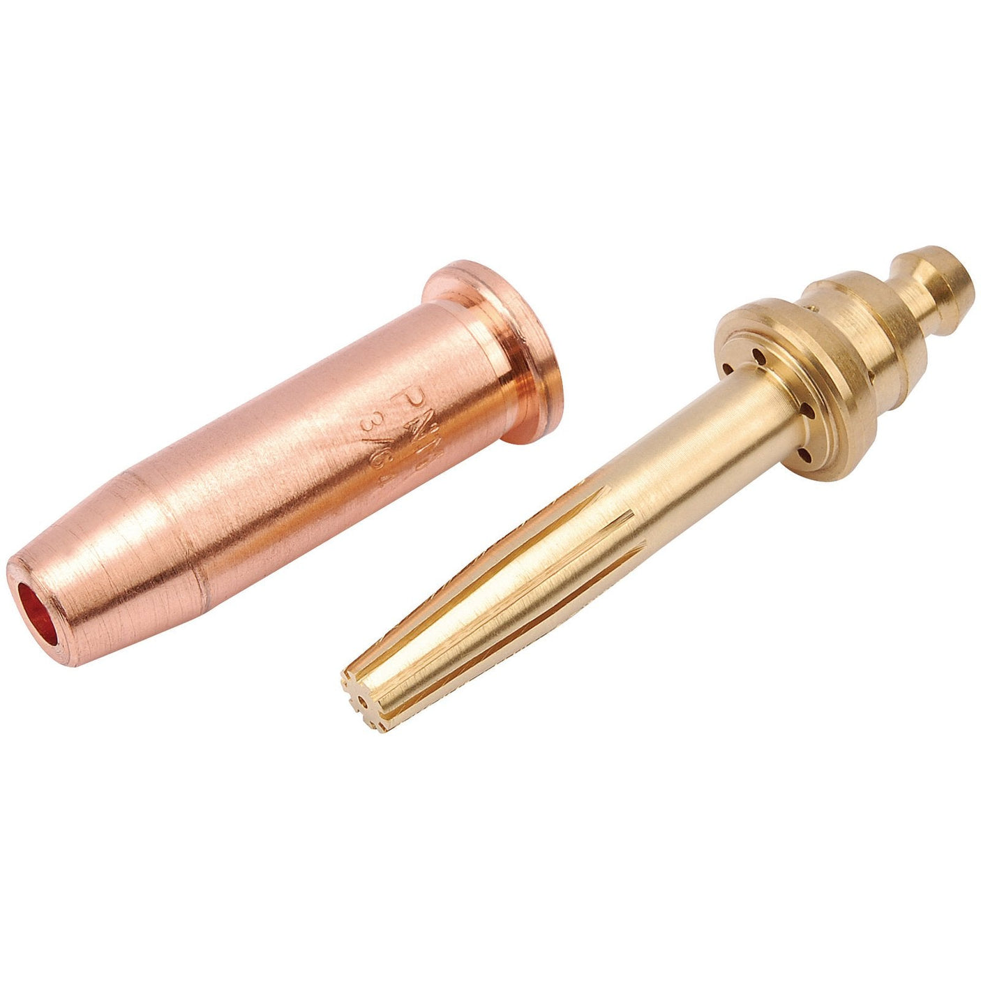 Two Draper Propane Cutting Nozzles, one copper-colored and one brass-colored, placed side by side on a white background. The brass nozzle, identified as the Draper Propane Cutting Nozzle W722, features a chrome outer finish for added durability.