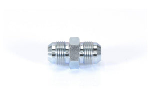 The Hydraulic Adaptor by Sparex, featuring 1.1/16'' JIC male fittings on both ends (Sparex Part Number: S.35070), is a silver metal pipe adapter with a threaded design, hexagonal middle section, and smooth finish. Ideal for connecting two pipes and known for its precision manufacturing.