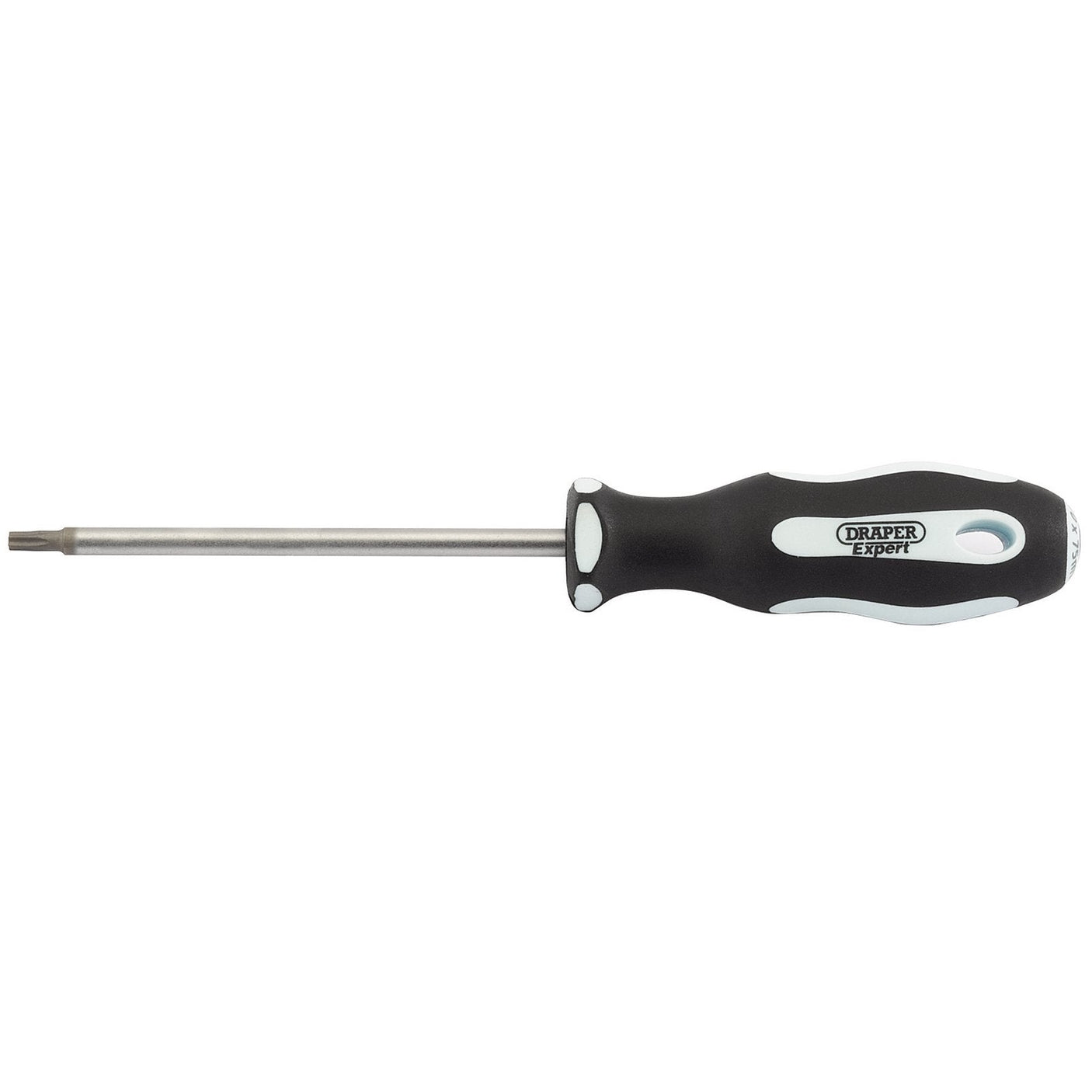 The Draper Tx-Star® Soft Grip Screwdriver, T10 X 75mm - 995TX, features a black and white rubber handle labeled "Draper Expert" and a metal shaft. This expertly crafted tool boasts satin chrome plated SVCM+ blades for enhanced durability.