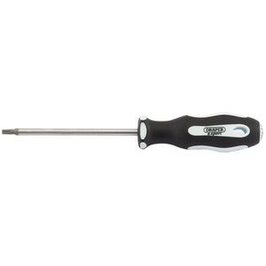 The Draper Tx-Star® Soft Grip Screwdriver, T10 X 75mm - 995TX, features a black and white rubber handle labeled "Draper Expert" and a metal shaft. This expertly crafted tool boasts satin chrome plated SVCM+ blades for enhanced durability.