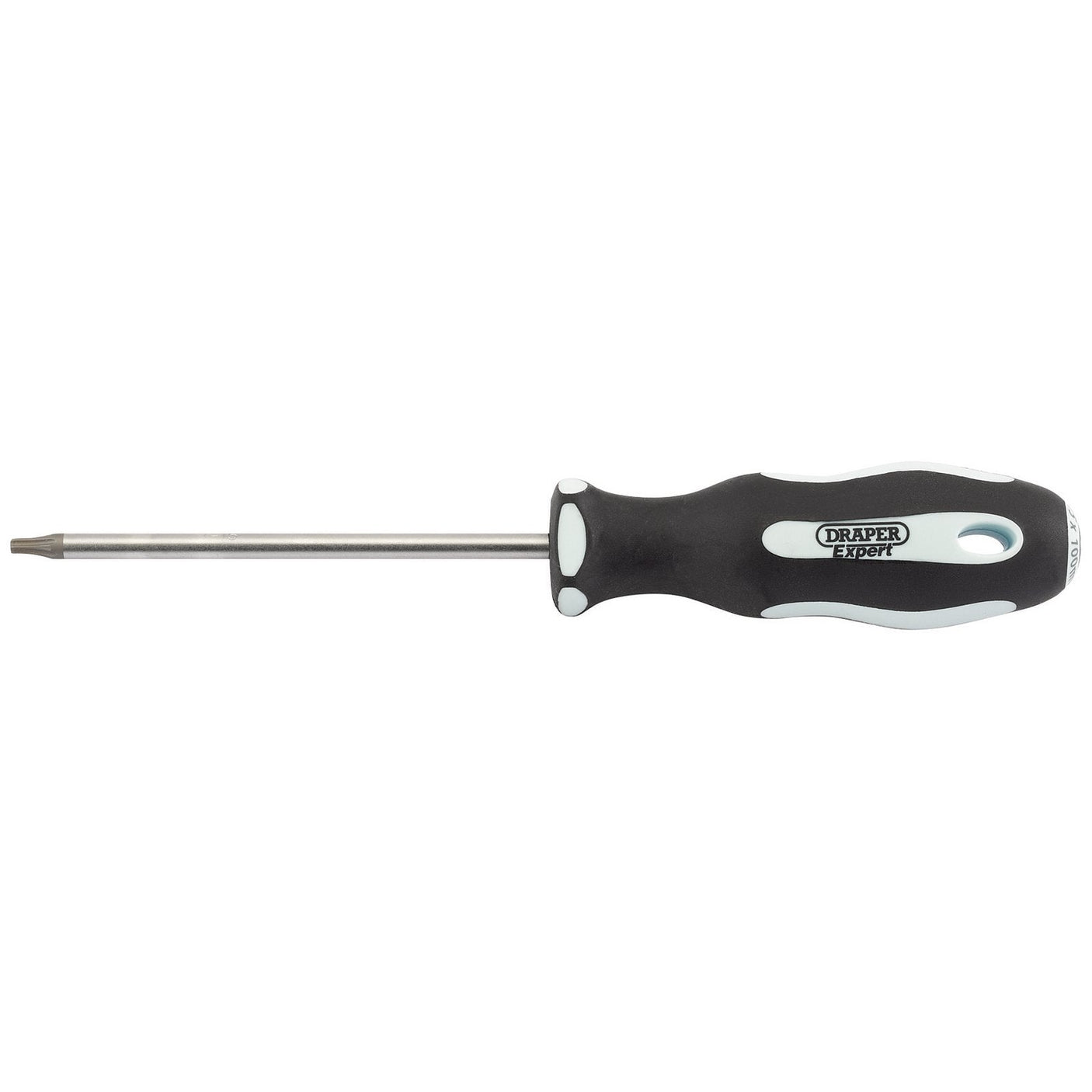 A Draper Tx-Star® Soft Grip Screwdriver, T15 X 100mm - 995TX with a black and white, oil and solvent resistant handle featuring the "Draper" brand label and satin chrome plated SVCM+ blades.