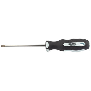 A black and white hand tool labeled "Draper" with a T20 Torx head, Expert Quality SVCM+ blades, and an ergonomic soft grip handle. The product is named "Draper Tx-Star® Soft Grip Screwdriver, T20 X 100mm - 995TX.