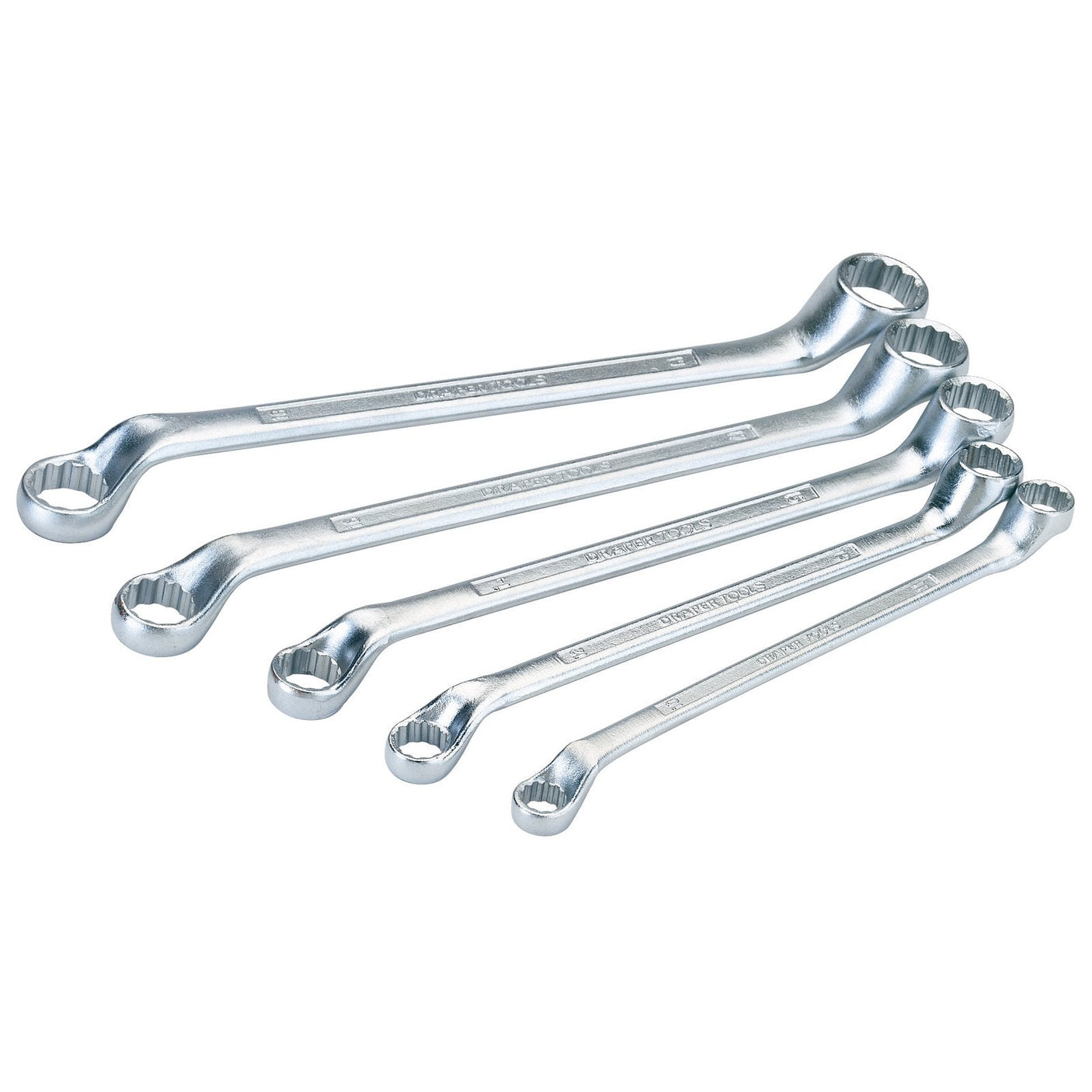 A set of five Draper Cranked Metric Ring Spanners, varying in size, laid out in a fanned arrangement.