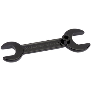 The Draper Gas Bottle Key - W736 is a black, double-ended open-end wrench with a hexagonal socket in the center, making it ideal for adjusting cylinder valves on gas equipment.