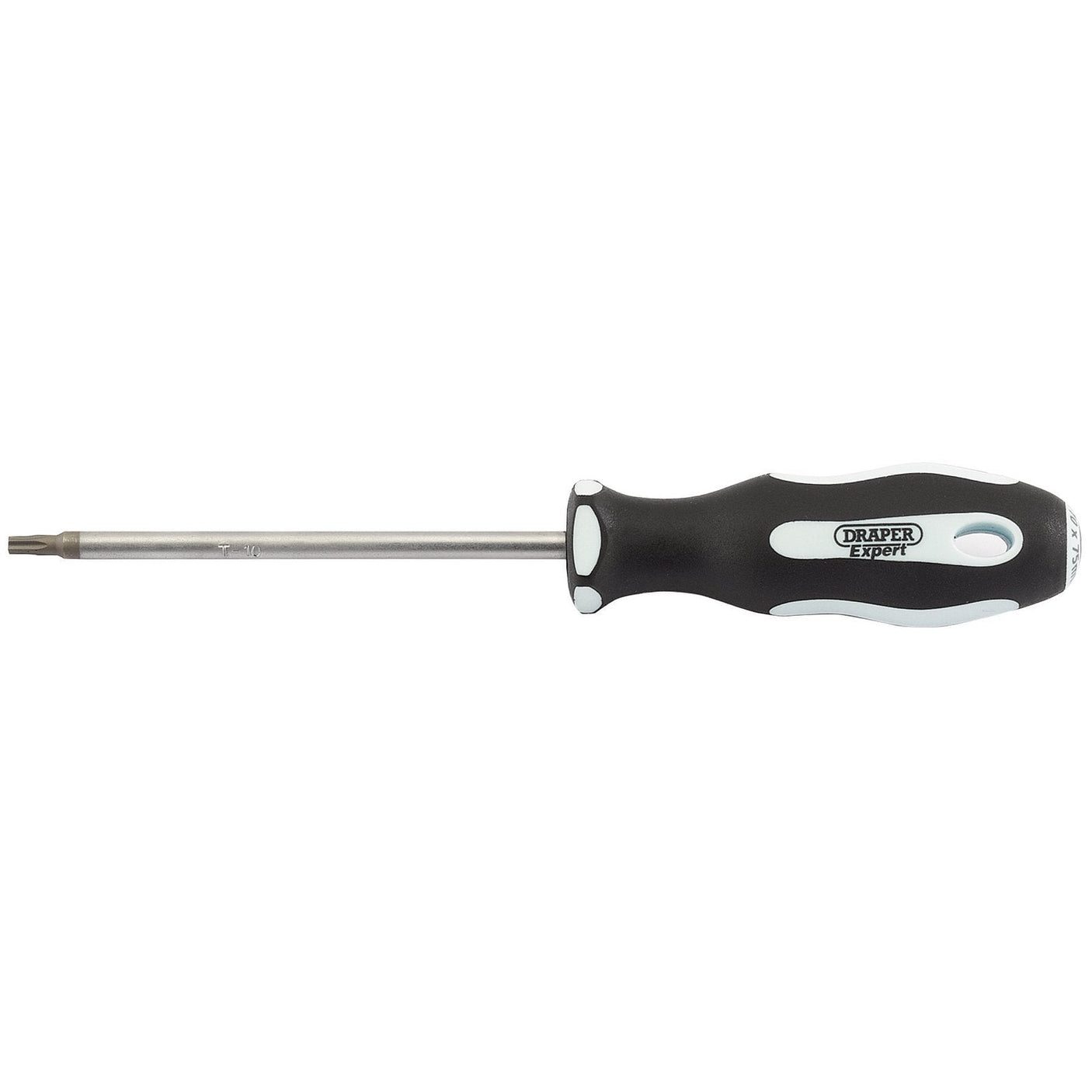 A Draper Tx-Star® Security Soft Grip Screwdriver, T10T x 75mm - 995TXT, with a black and white ergonomic handle marked "Draper," featuring a long satin chrome plated metal shaft.