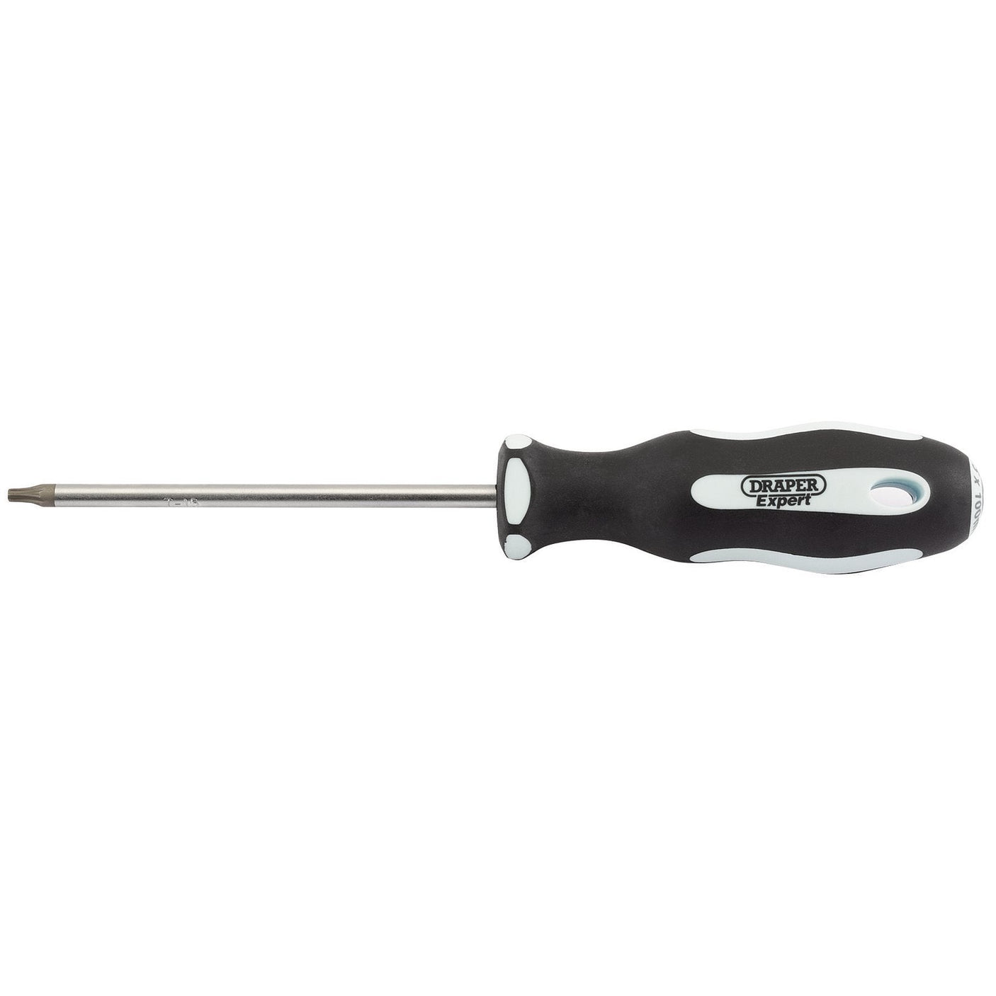 A Draper Tx-Star® Security Soft Grip Screwdriver, T15T X 100mm - 995TXT featuring SVCM+ blades, a black and white ergonomic soft grip handle, and a metallic shaft.