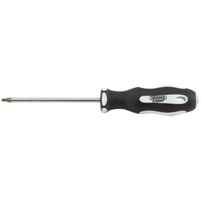 A Draper Tx-Star® Security Soft Grip Screwdriver, T15T X 100mm - 995TXT featuring SVCM+ blades, a black and white ergonomic soft grip handle, and a metallic shaft.