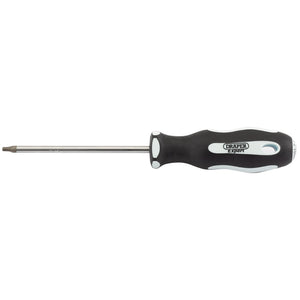 A Draper Tx-Star® Security Soft Grip Screwdriver, T15T X 100mm - 995TXT featuring SVCM+ blades, a black and white ergonomic soft grip handle, and a metallic shaft.