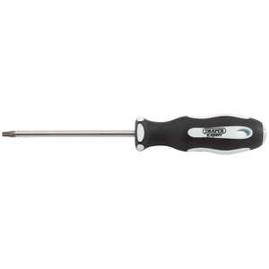 Image of a Draper Tx-Star® Security Soft Grip Screwdriver, featuring a metal shaft, SVMC+ blades, and a T20T head, with a 100mm length and soft grip for added comfort.