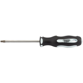 A Draper Tx-Star® Security Soft Grip Screwdriver, featuring an oil and solvent resistant black and white handle, labeled "Draper Expert," and a metal shaft, T25T x 100mm - 995TXT.