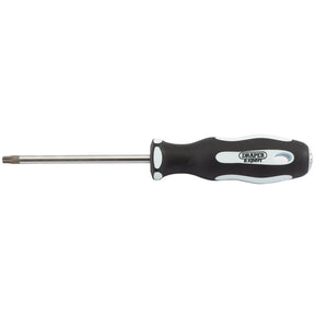 A Draper Tx-Star® Security Soft Grip Screwdriver, T27T X 100mm (model 995TXT), featuring a long shaft and a Torx head, with an oil and solvent resistant handle for a comfortable grip.