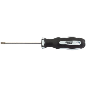 A Draper Tx-Star® Security Soft Grip Screwdriver, T30T X 100mm - 995TXT is shown, featuring a black and white ergonomic handle that resists oil and solvents, and a long satin chrome-plated metal shaft.