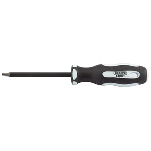 A Draper Square Recess Soft Grip Security Screwdriver, S2 X 100mm - 995SQ, featuring a black and white color scheme, soft grip handle, SVCM blades, and a long shaft is shown against a plain background.