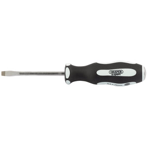 A Draper Pound Thru' Plain Slot Soft Grip Screwdriver, sized 6.5 x 150mm and labeled "Draper Expert," featuring a black and white soft grip handle and a textured metal shaft for enhanced grip.