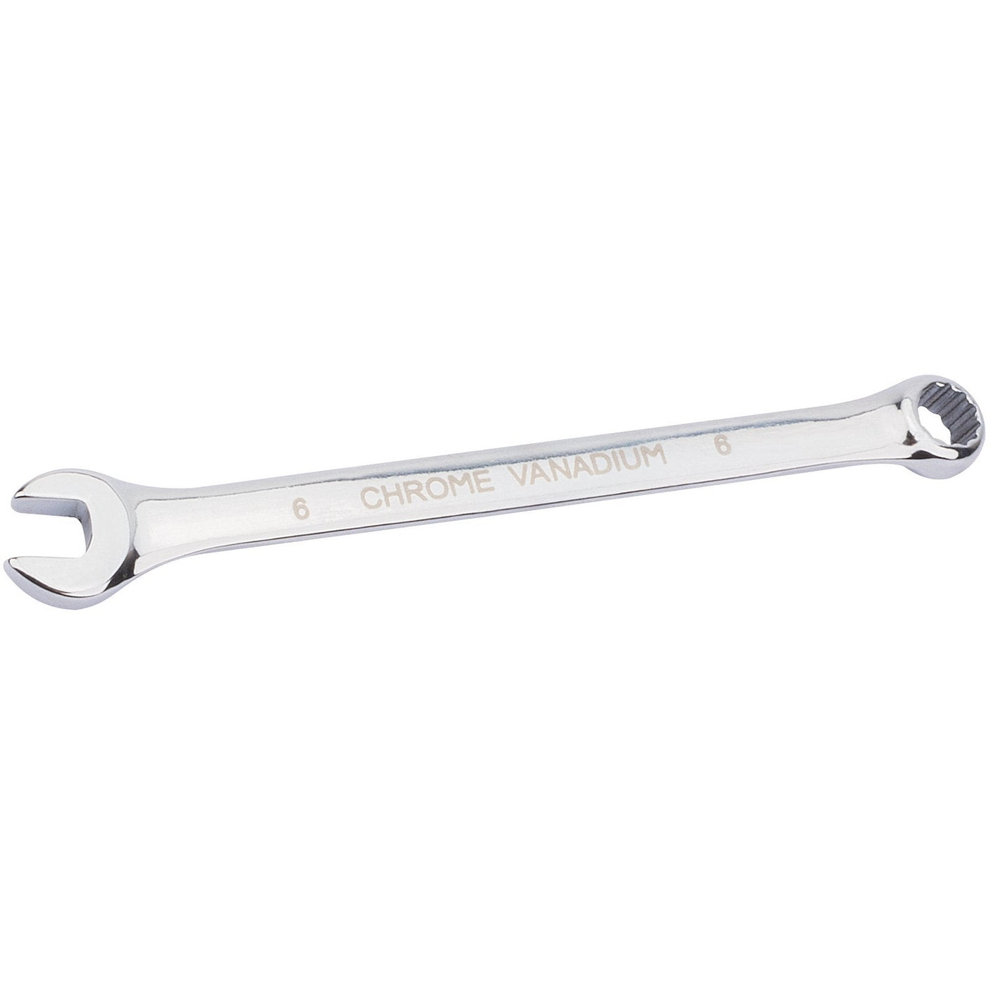 A Draper Hi-Torq® Short Pattern Metric Combination Spanner, 6mm - 8233MM from the reputable brand Draper, made from chrome vanadium steel with a 6 mm open-end on one side and a 6 mm ring-end on the other, providing excellent corrosion protection.