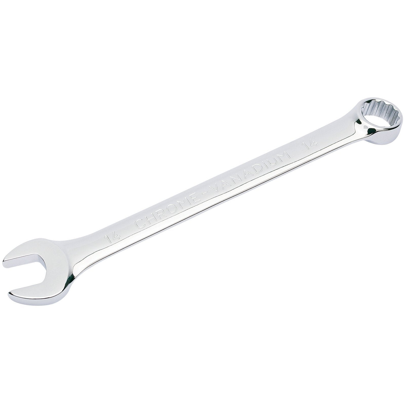 The Draper Hi-Torq® Short Pattern Metric Combination Spanner, 14mm - 8233MM, made from chrome vanadium steel, features both open-end and box-end sides for durable performance and corrosion protection.